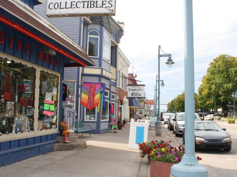 City of Sault Ste Marie Portage Osborn West street view of shops along sidewalk