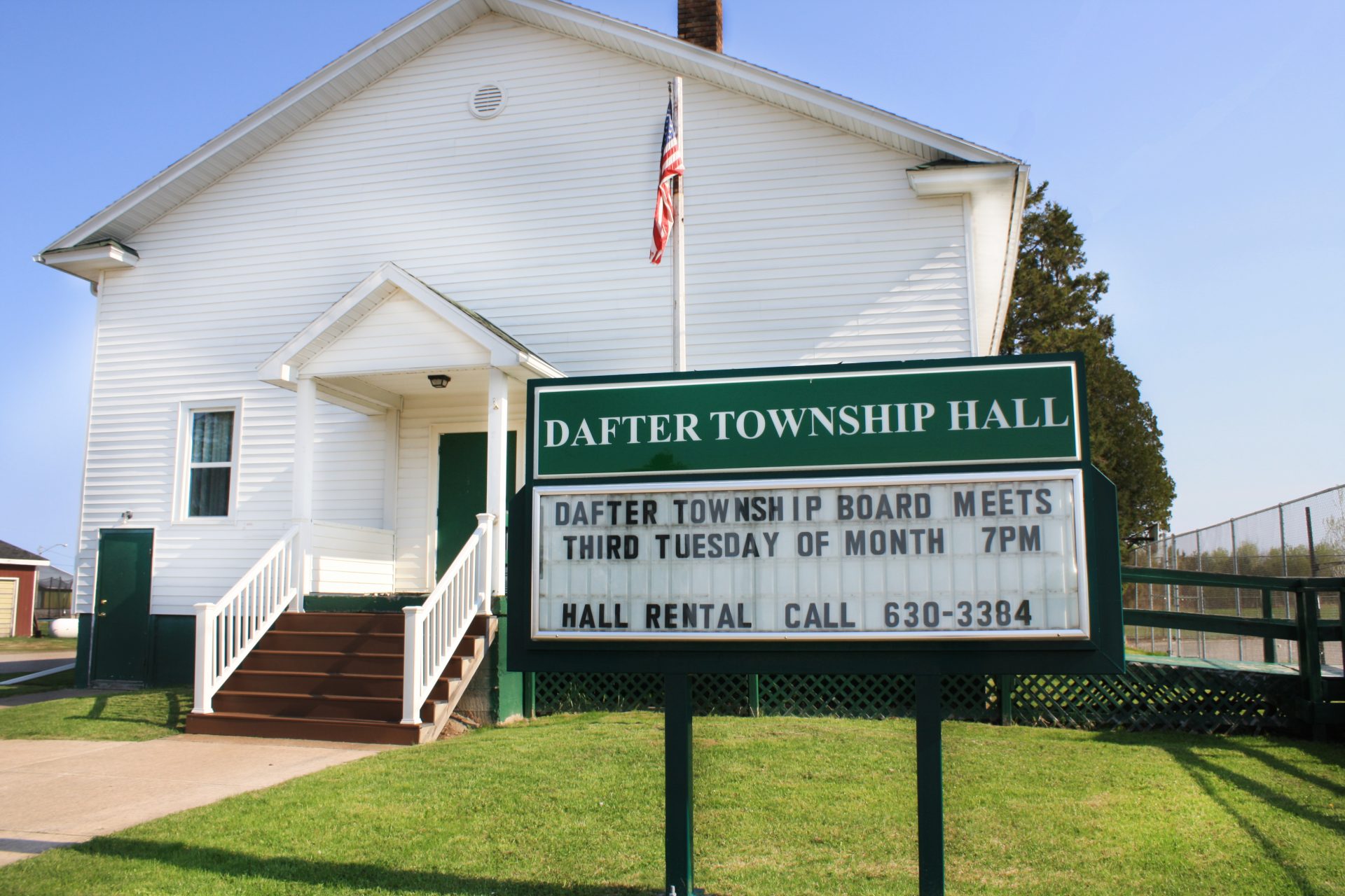 Dafter Township Hall front of building and sign